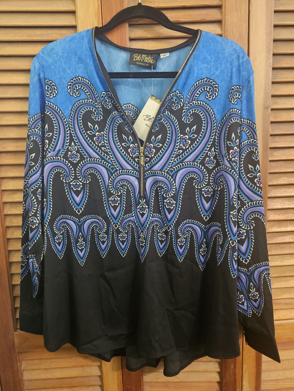 Bob Mackie Wearable Art Black & Blue Paisley Zip Neck Tunic Top Size Large | NWT